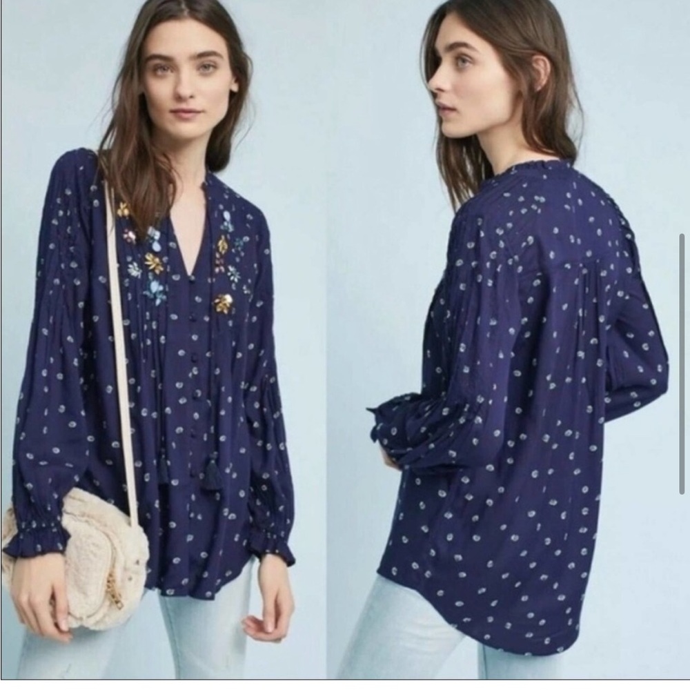 Anthropologie Vanessa Virginia Ashton Peasant Floral Beaded Long Sleeve Blouse 2